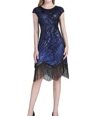 New Flapper Dress 1920 Beaded/Fringed/Sequins Size Medium Black/Blue 104